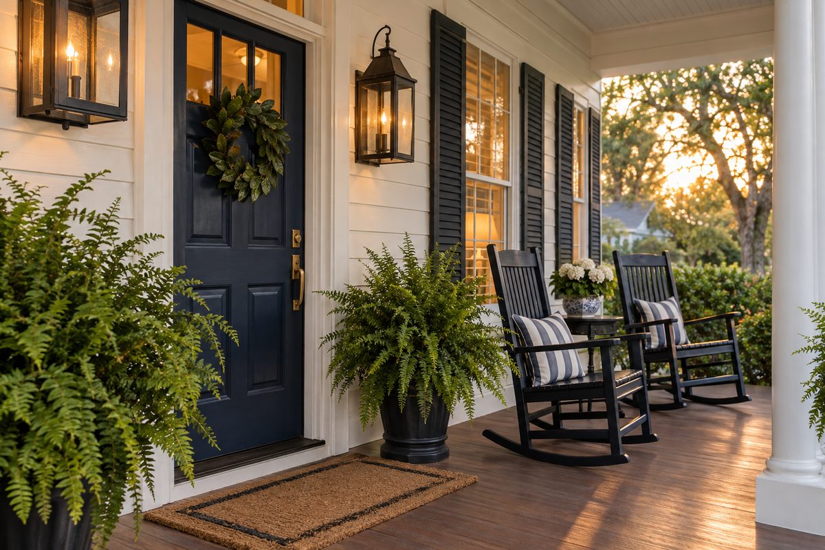 Front porch of a Southern home with rocking chairs